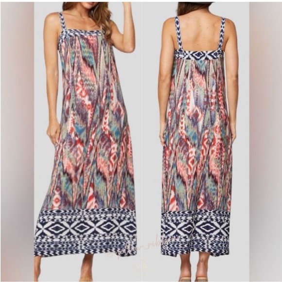 TYCHE Blue/Orange Print Square Neck Maxi Dress. Size Medium - Picture 1 of 9